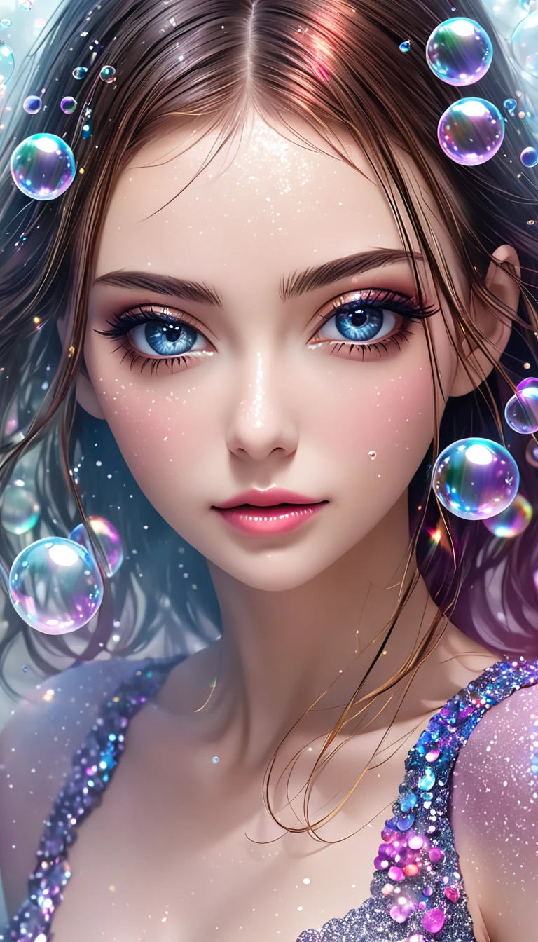 beautiful woman, cool and sadistic, amorous and lewd face, make-up, portrait, shading effects, gradation magic effects, glitter effects, soap bubbles effects, foggy filter effect, (ultra detailed, absolutely resolution, best quality:1.3), 2.5D, delicate and dynamic, artistic photography, hyper realistic, graphic CG digital art