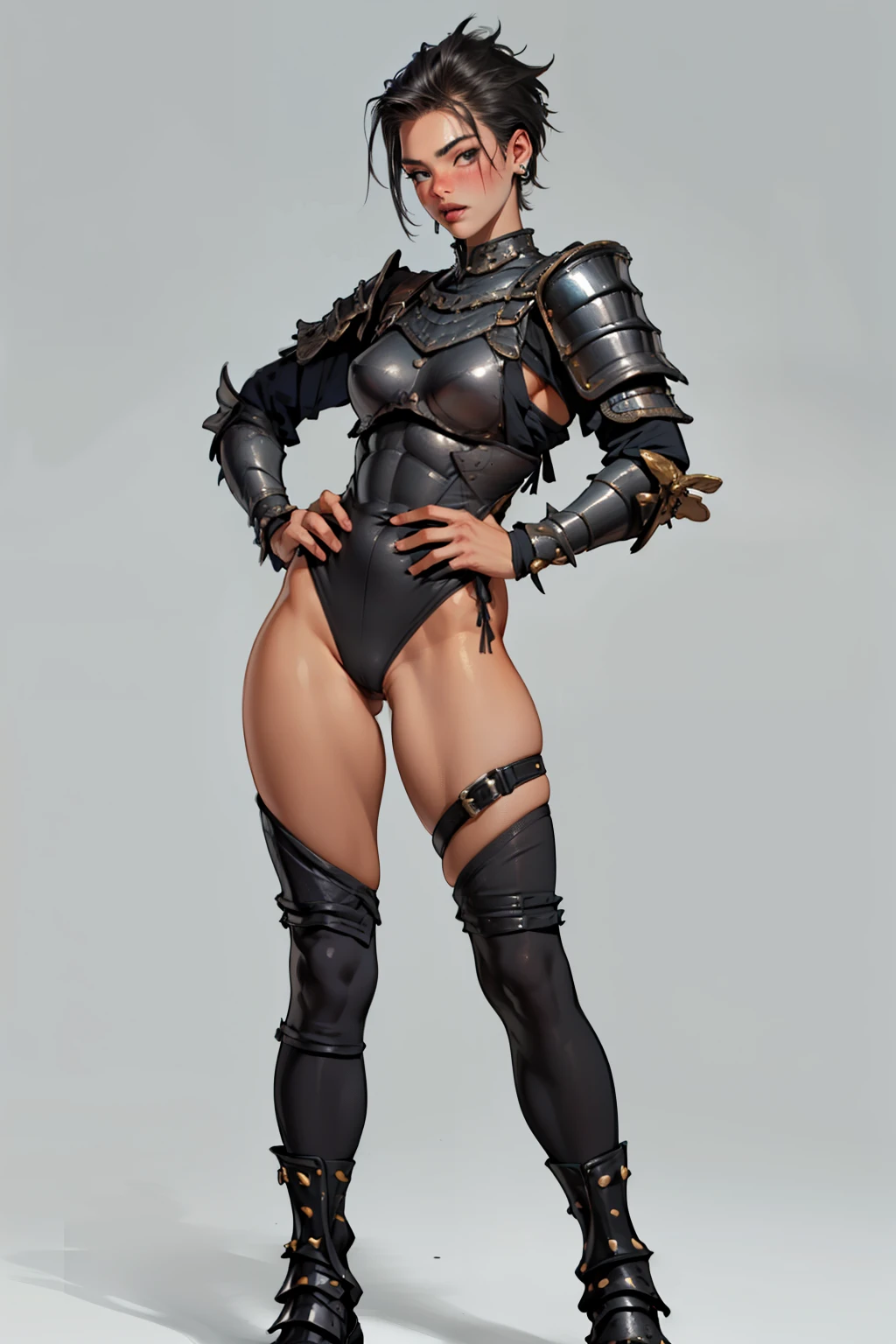 (high resolution, pixel perfect, gorgeous illustrations), (hyper quality, muste piece, etheric: 1.4), (cowboy shot), face focus, ((1girl)), (((boyish))), ((())), (((((punk))))), hot Rocker punk girl, ((((sexy pose, open stance)))), cool atmosphere, black hair, ((((very_short_hair, slicked_back_hair)))), (((piercing))), eyelid_piercing, nose_piercing, (((Exquisite face))), blush, ((black_lips)), tattoo, ((((muscular_female)))), (ideal ratio body proportions, slender, small breasts), fighter, ((((wh_chi_armor)))), ((highleg_leotard_armor)), (((cameltoe))), shiny skin, gleaming skin, simple background,