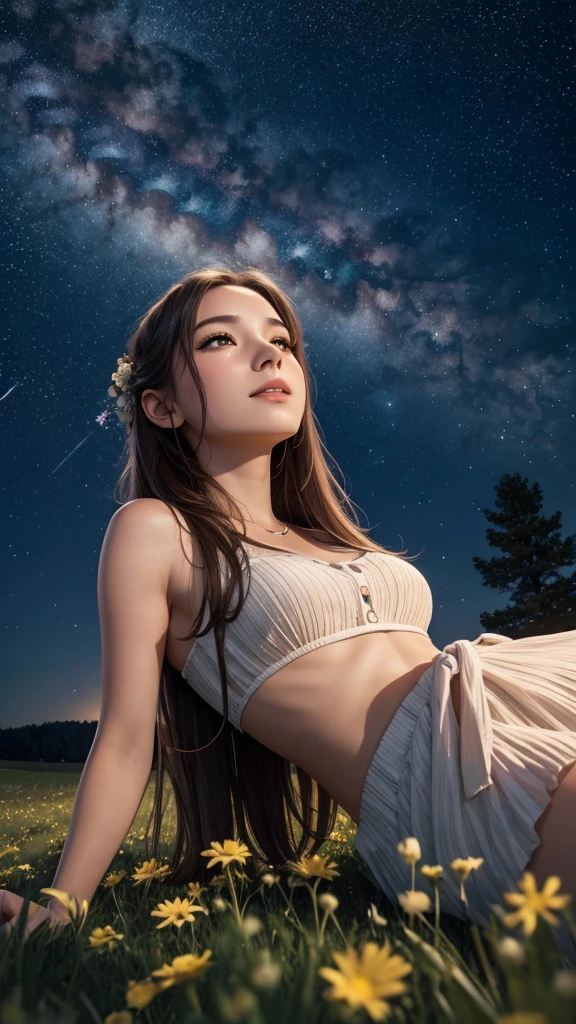 A beautiful girl under the starry sky lying on the meadow and looking at the sky best quality 4K