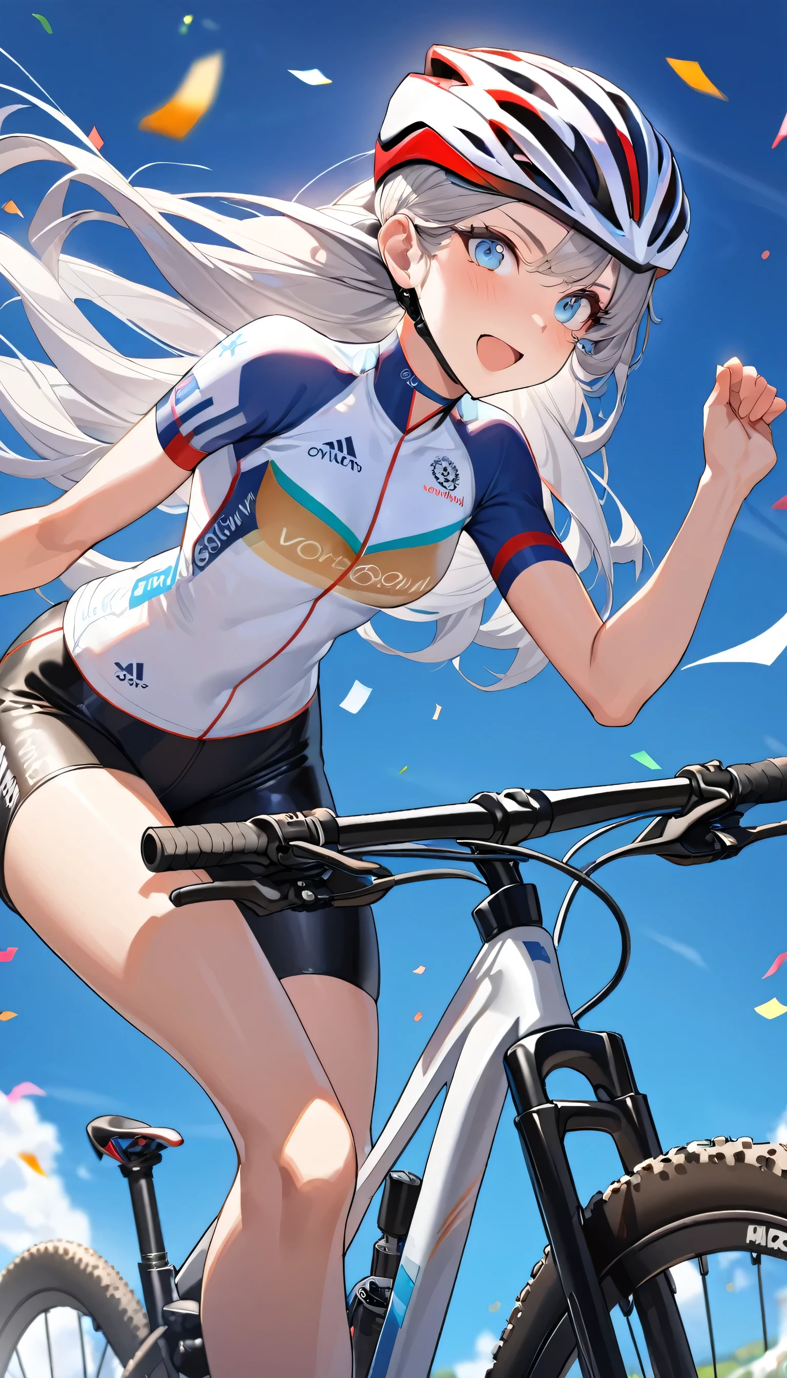 best quality, Good quality, 16K, Unbelievably ridiculous, Very detailed, 2.5D, Delicate and dynamic, Blue sky, Confetti, Olympic flag, Mountain Bike, downhill, , Small face, Very delicate expression, Delicate eye depiction, Very fine hair, Upper body close-up, , The only sexy Japanese woman, Healthy body shape, 17-year-old female, Olympic, Cycling, Large target, company, Swaying bust, Silver long hair, Sexy long legs, Radiant Skin, soft skin, Jersey, protector, helmet, A gold medal hangs around his neck, Leather pants, Knee-high boots, Mountain Bike,