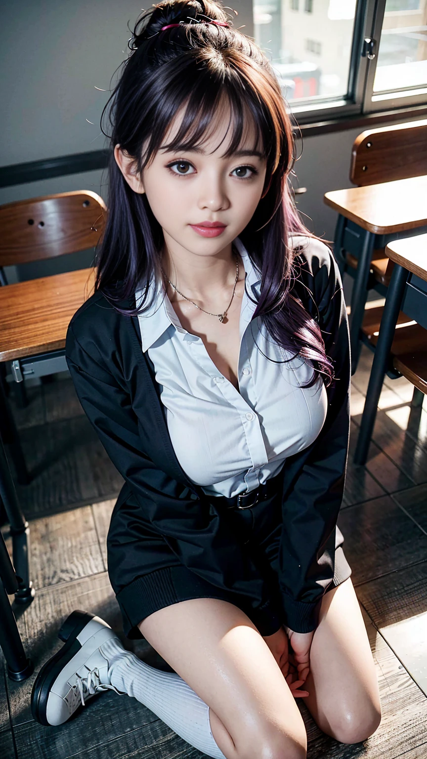 ((8k,RAW Photos,Top Quality,masterpiece),HD RAW color photos professional close-up photography,(Realistically,Realistically:1.37),(Highest quality),(Best Shadow),(Best Illustration),clavicle((big)),((,Raised to be sexy,Ultra-high resolution,HD CGが8k壁紙を統合,Physically Based Rendering,Cinema Lighting),(aegyo sal:1),18-year-old girl,(Grey blazer,ribbon,socks,High School Uniform:1.2),High school classroom, Beautiful and fine details,Light on the face,((Full Body Shot:1.2)),Especially bright light,(Upper Eye,Grinning smile:1.2),Glossy Skin,(((Purple haired big tits,Wavy long hair:1.2))),(Thick tight),Urzan-6500-v1.1:0.2,I'm shy,(Flashlight:1.2),sexual temptation,(Plump nipples),((Seductive pose:1.2,Captivating big boobs:1.2)),(Idol),(sit at a desk in the classroom:1.2)),((Excellent ???????:1.2)),((Bright and refreshing classrooms,The background is blurred: 1.2)),Perfect face,Cute Face,(High angle shot:1.2)