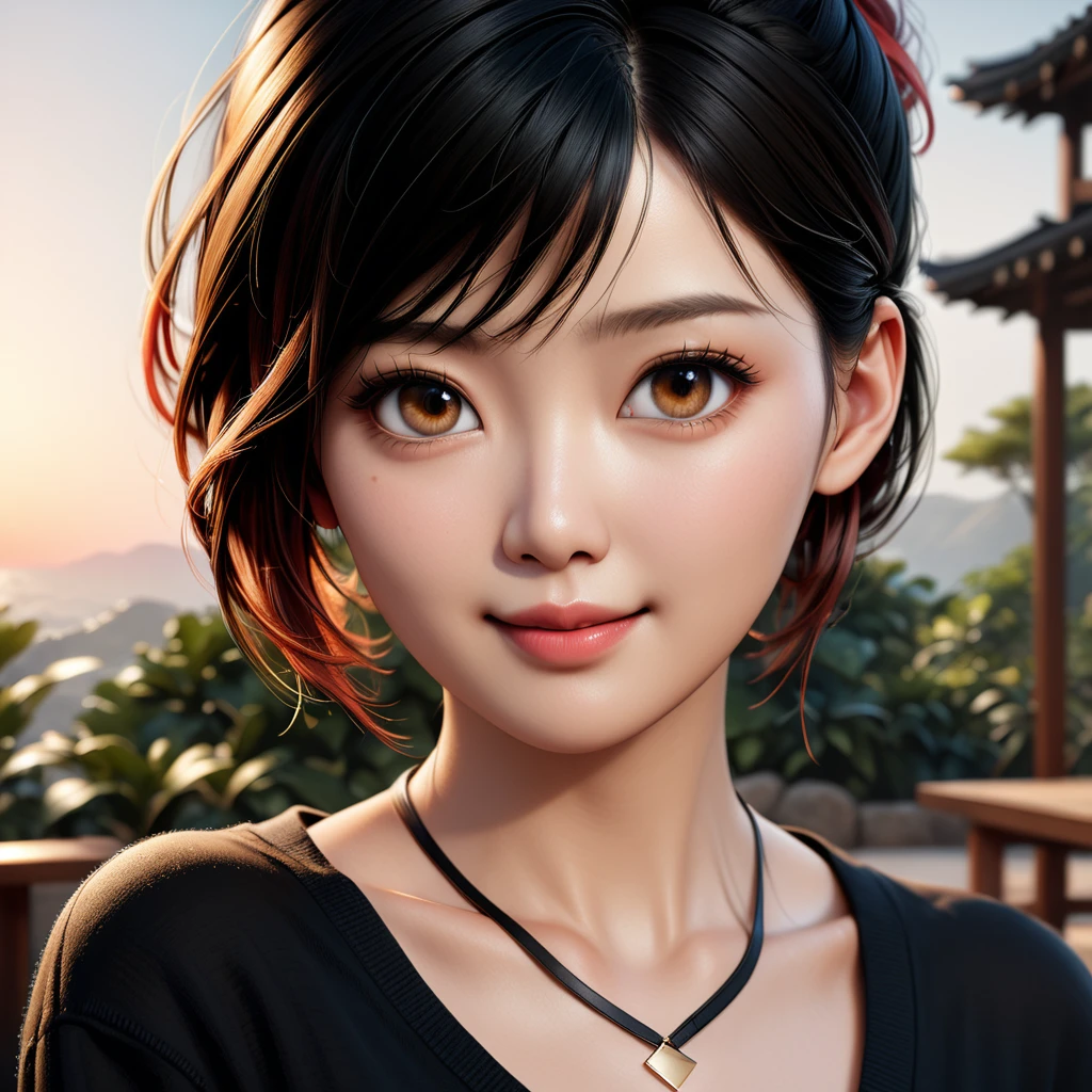 Best Quality, Ultra High Definition, (Photorealistic:1.4),Sunset Light, Ponytail, Korean Women, Detailed Photo, Smiling, Sexy, Black Shirt, Facing Camera, Close-up (Masterpiece: 1.3), (8K, Photorealistic, Best Quality: 1.4), (1girl), Beautiful Face, (Realistic Face), (Black Hair, Short Hair: 1.3), Beautiful Hairstyle, Realistic eyes, beautiful detail eyes, (realistic skin), beautiful skin, (sweater), absurd, attractive, ultra high resolution, ultra realistic, high definition, golden ratio