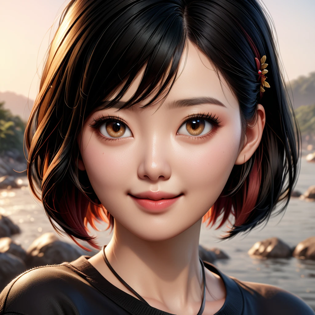 Best Quality, Ultra High Definition, (Photorealistic:1.4),Sunset Light, Ponytail, Korean Women, Detailed Photo, Smiling, Sexy, Black Shirt, Facing Camera, Close-up (Masterpiece: 1.3), (8K, Photorealistic, Best Quality: 1.4), (1girl), Beautiful Face, (Realistic Face), (Black Hair, Short Hair: 1.3), Beautiful Hairstyle, Realistic eyes, beautiful detail eyes, (realistic skin), beautiful skin, (sweater), absurd, attractive, ultra high resolution, ultra realistic, high definition, golden ratio