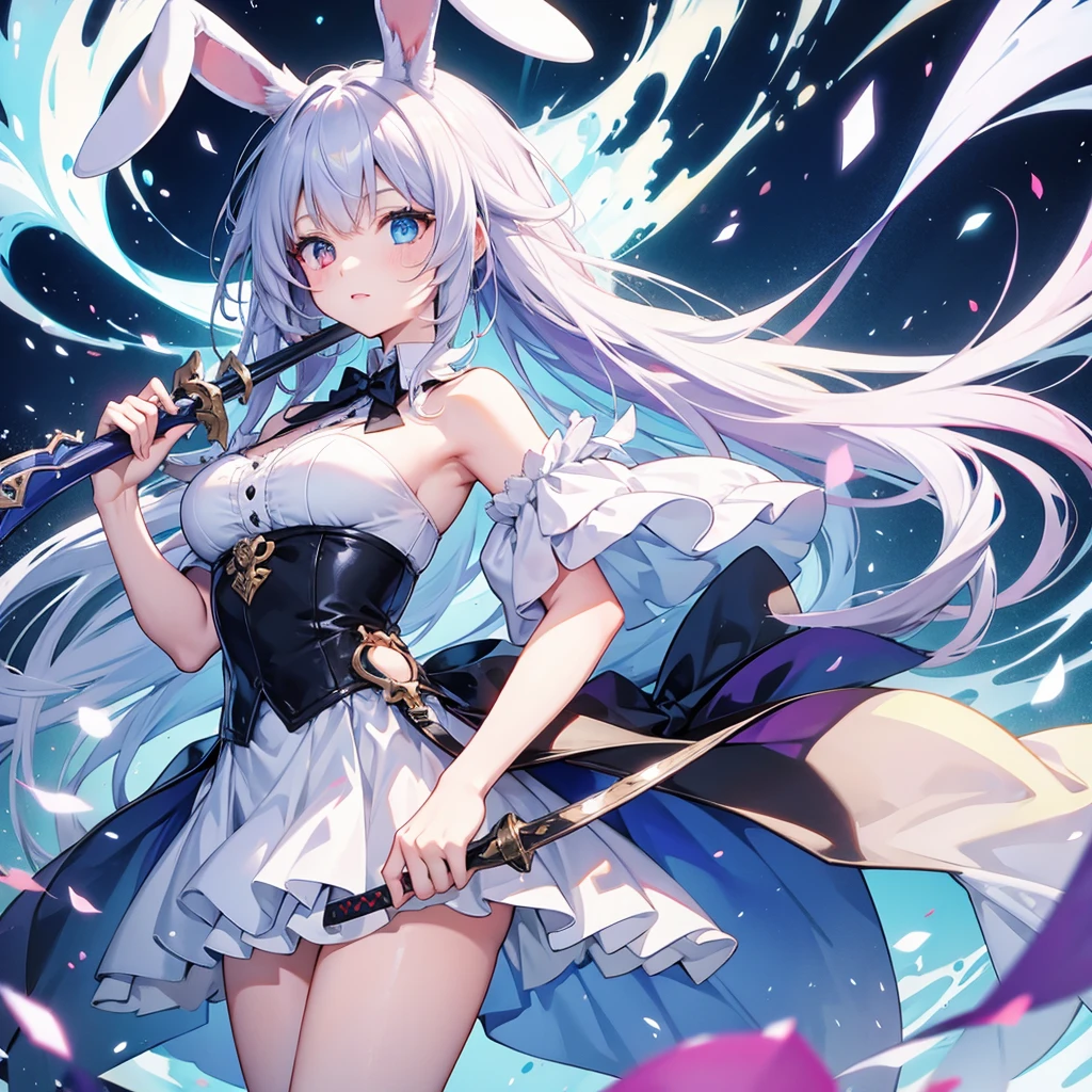 girl in short magic dress with rabbit ears holds two-handed sword in front of her, high quality, heterochromia of eyes