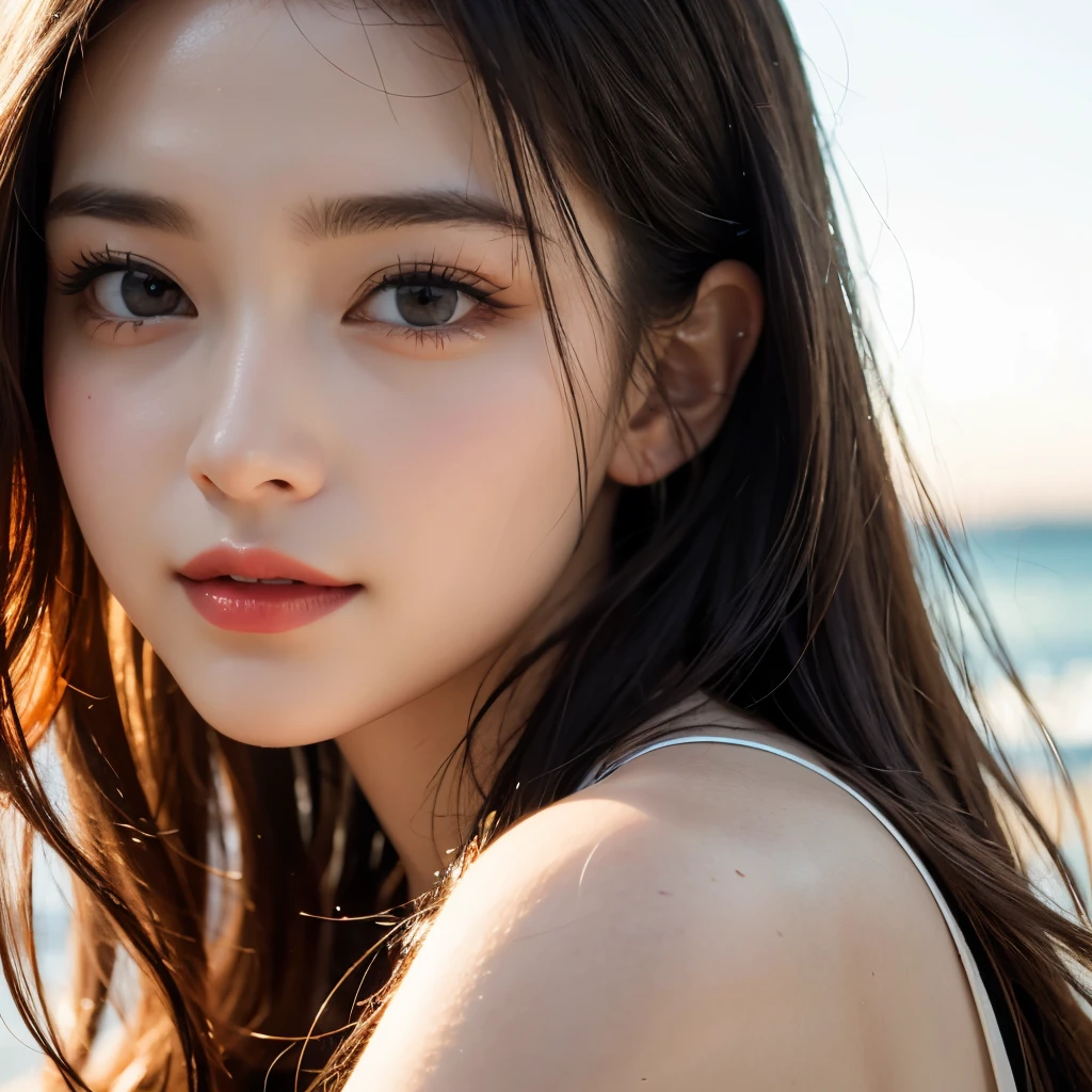 VolumetricLighting (Acutance:0.85), (Masterpiece of 8K UltraDetailed(ProfessionalPhoto:1.37)), Tiny KAWAII Girl Stroll the Sea wearing tube-top dress EveningBeach colorful sky (Orange rays illuminating face, close-up:1.4) (Kissing to Camera), Gust of wind . (((Extremely detailed NOGIZAKA face))), perfect anatomy, Childish, captivating gaze, Reflective Eyes with (sparkling highlights:1.28), long eyelashes、Glossy RED Lips with beautiful details, KissableTongue, RosyCheeks, ((Radiant FineSkin) with clear transparency) . { (Dynamic joyful expressions) | (:d) }, (Light Particle;1.25, God Rays), (no Large eyes).