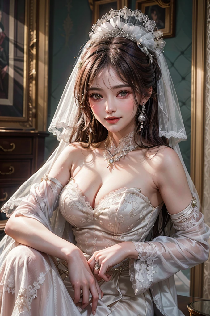 (One girl), Updo, Princess, Very cute face, Great face and eyes, (Very detailed目, Very detailed顔), Fresh, Very beautiful appearance, (Ultra-realistic, High resolution), (Highest quality:1.4), (super high quality), Real skin texture, RAW Photos, (Realistic, Photorealistic:1.37), Very detailed, Professional photography, (beautiful lace bridal dress:1.5), (front open lace bridal dress), (Cleavage:1.2), (Exposing shoulders), smile, (Look at me), Gorgeous tiara, Luxury Accessories, Necklaces and earrings, (Luxurious living room:1.3), Portrait of a Girl,