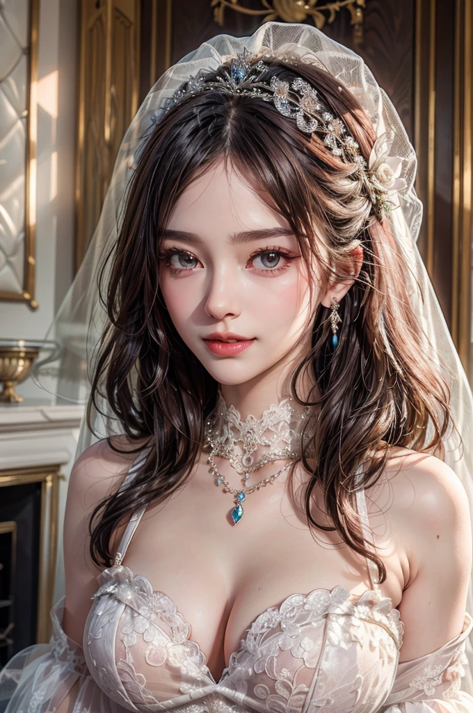 (One girl), Updo, Princess, Very cute face, Great face and eyes, (Very detailed目, Very detailed顔), Fresh, Very beautiful appearance, (Ultra-realistic, High resolution), (Highest quality:1.4), (super high quality), Real skin texture, RAW Photos, (Realistic, Photorealistic:1.37), Very detailed, Professional photography, (beautiful lace bridal dress:1.5), (front open lace bridal dress), (Cleavage:1.2), (Exposing shoulders), smile, (Look at me), Gorgeous tiara, Luxury Accessories, Necklaces and earrings, (Luxurious living room:1.3), Portrait of a Girl,