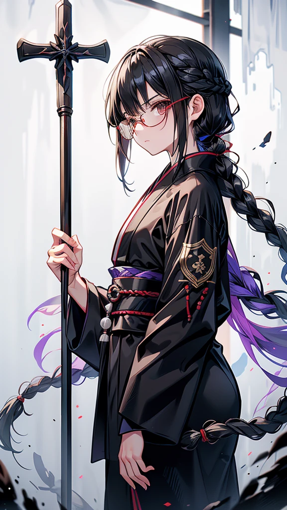 mature　Braid on right shoulder　Black Hair　expensive　Narrow eyes　Glasses　Expressionless　Glare　frivolous attitude　Japanese priest　Black Robe　Void Priest　Staff　Prayer beads　battlefield