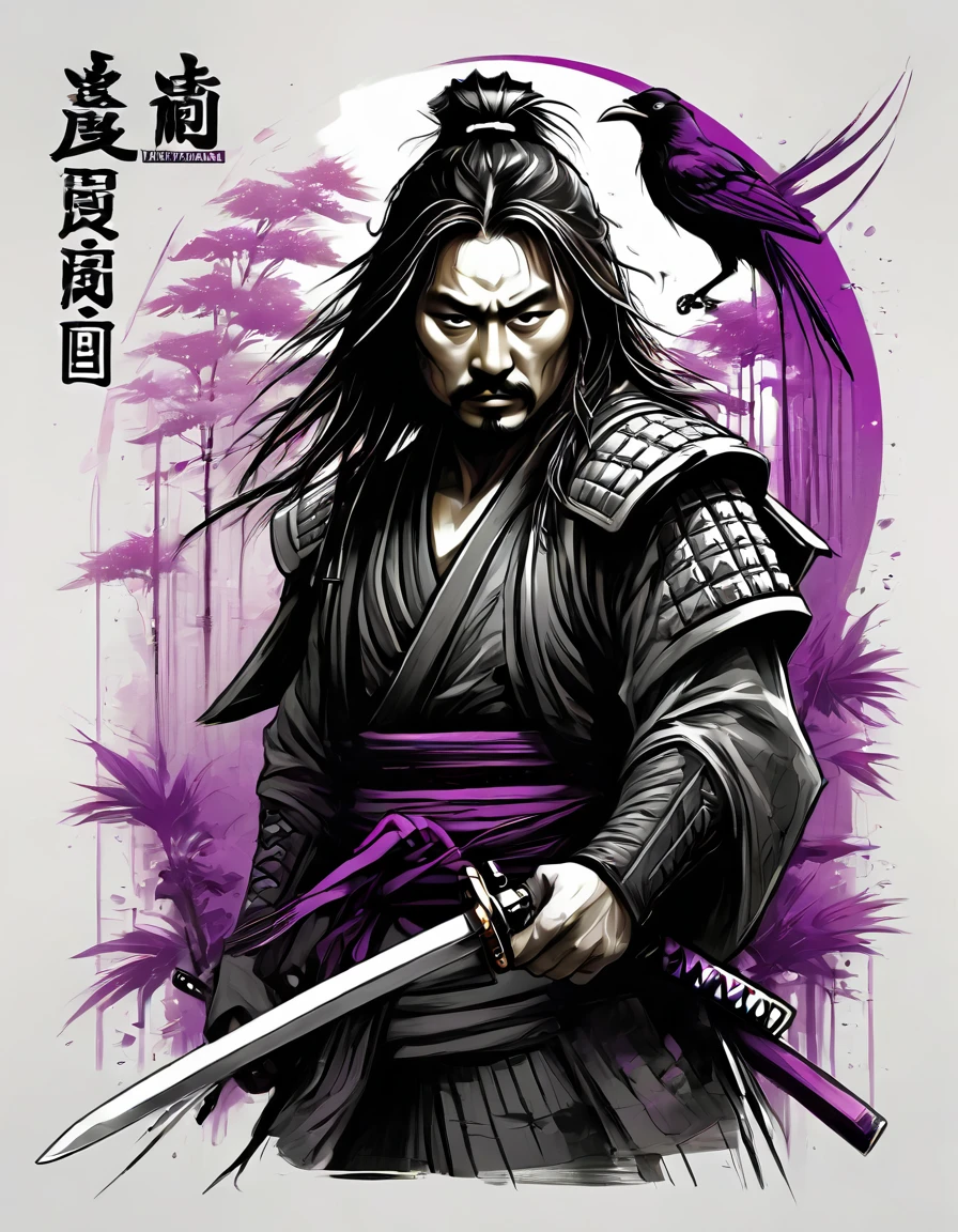 creative logo illustration black and white drawing of a long hair samurai holding a sword surrounded by green bamboo and purple ravens, combined the black and white drawing with the vibrant digital colors by dan mumford, jean pierre mong, alex janvier, frank frazetta, sketch, bold outlines, high definition, intricat details, vibrant colors, negative space, tshirts design