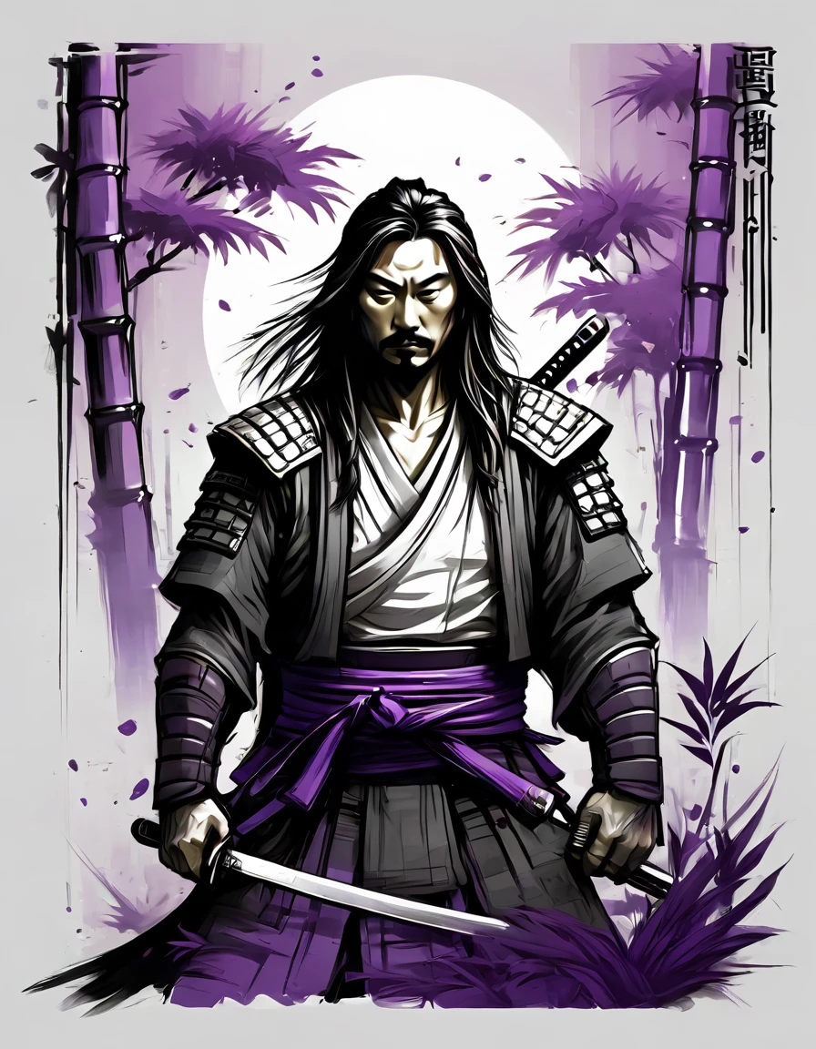 creative logo illustration black and white drawing of a long hair samurai holding a sword surrounded by green bamboo and purple ravens, combined the black and white drawing with the vibrant digital colors by dan mumford, jean pierre mong, alex janvier, frank frazetta, sketch, bold outlines, high definition, intricat details, vibrant colors, negative space, tshirts design