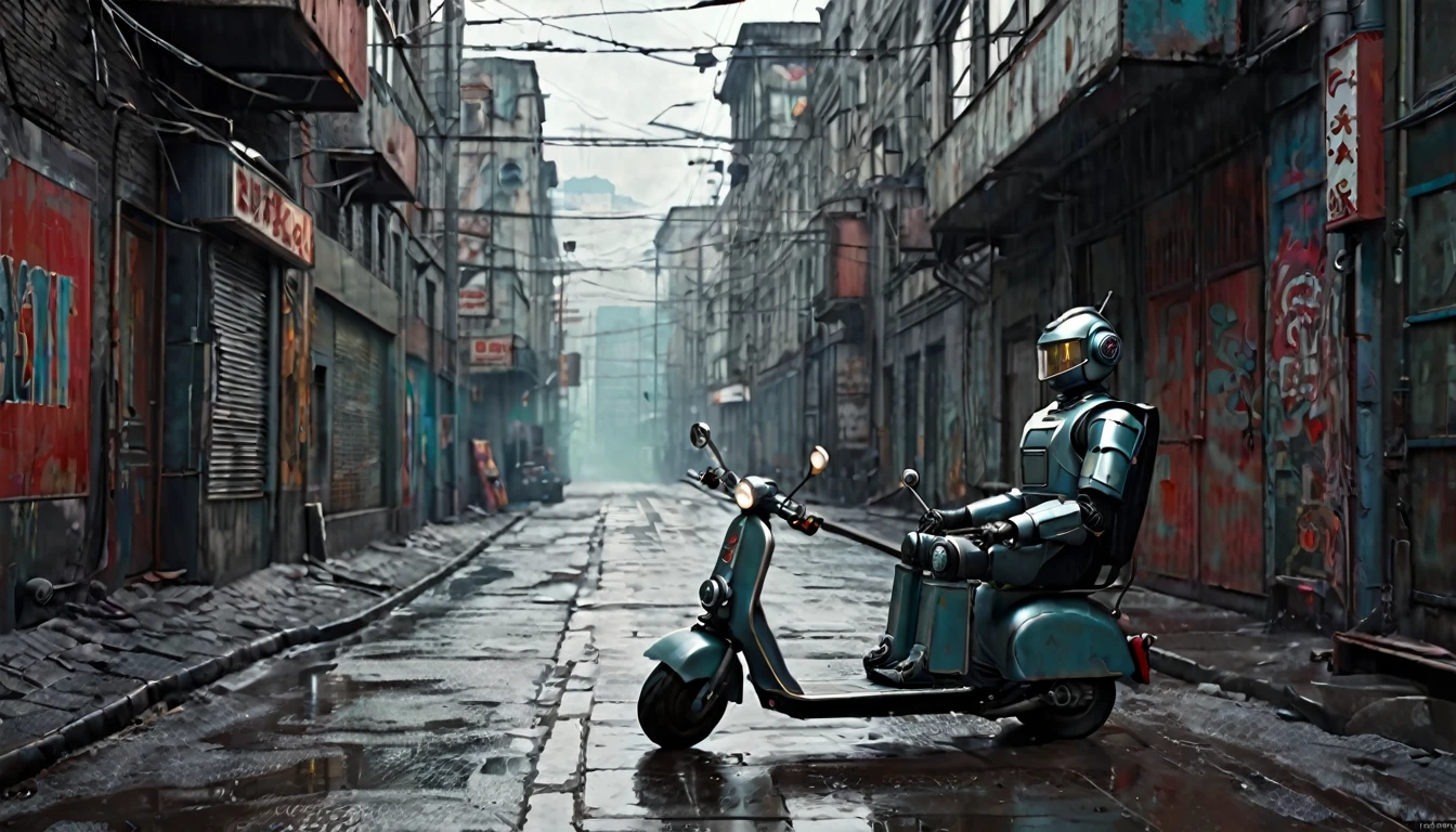 A Soviet-era robot driving a scooter through a cloudy alley, photo-realistic Soviet cyberpunk art, retrofuturistic concept, opaque colors, 1950s artistic style, (best quality,4k,8k,highres,masterpiece:1.2),ultra-detailed,(realistic,photorealistic,photo-realistic:1.37),intricate details,highly detailed,cinematic lighting,dramatic shadows,moody atmosphere,retrofuturistic design,industrial aesthetics,urban environment,worn textures,gritty realism