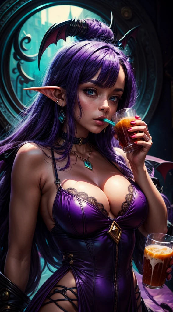 anime girl with purple hair and piercings drinking from a cup, commission for high res, elf girl, anime girl drinks energy drink, succubus in sundress portrait, oc commission, morrigan, morgana from league of legends, commission for, full color illustration, full color digital illustration, tiefling from d & d, fully colored, full colored, tiefling