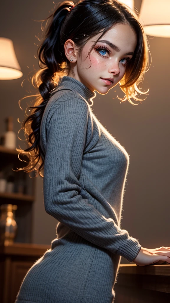 Masterpiece, ultra-detailed, (extremely detailed CG 8k), (very fine 8K CG), highly detailed background, detailed beautiful eyes, detailed beautiful hair, perfect anatomy, perfect hands, nice hands, chromatic aberration, lens flare, BREAK, perfect sensual, (low ponytail:1.4), mature, clothing tight sweater dress, full body, (from below:1.2), looking at viewer, natural lighting, lighting forward, (glowing:1.4), living room, indoor, blushed, happy smile, sparkling pupils, big eyes, brown hair, brown eyes, forehead, takagi san, karakai jouzu no takagi san, forehead, long hair, brown hair and eyes, detailed beautiful eyes and hair