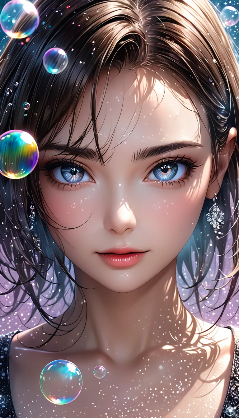 beautiful woman, cool and sadistic, portrait, shading effects, gradation magic effects, glitter effects, soap bubbles effects, foggy filter effect, (ultra detailed, absolutely resolution, best quality:1.3), 2.5D, delicate and dynamic, artistic photography, hyper realistic, graphic CG digital art