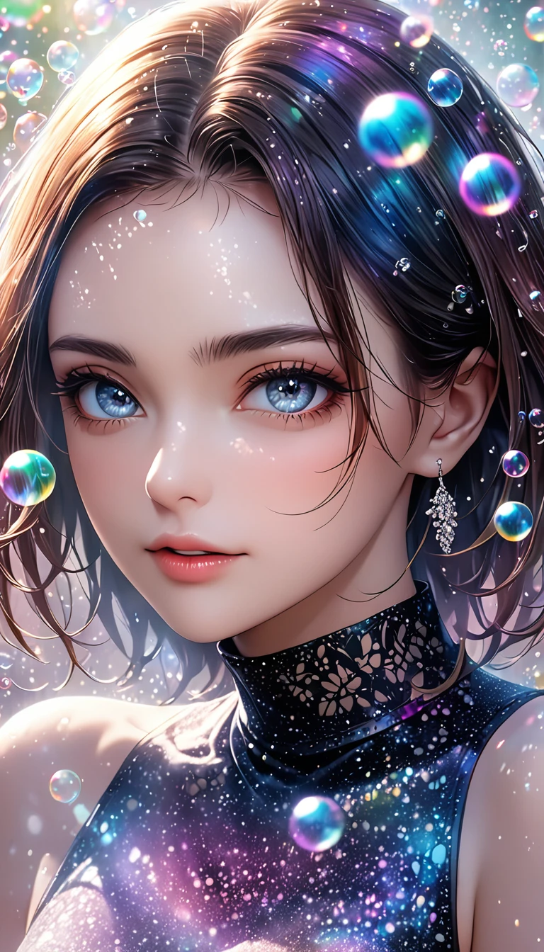 beautiful woman, cool and sadistic, portrait, shading effects, gradation magic effects, glitter effects, soap bubbles effects, foggy filter effect, (ultra detailed, absolutely resolution, best quality:1.3), 2.5D, delicate and dynamic, artistic photography, hyper realistic, graphic CG digital art