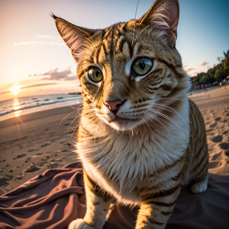 Big fluffy yellow cat taking a selfie on the beach, sunset, Fisheye Lens, Establishing Shot, Pastel Color Grading, Depth of field cinematography effect, Film Noir Genre, 8k resolution, high quality, Super detailed