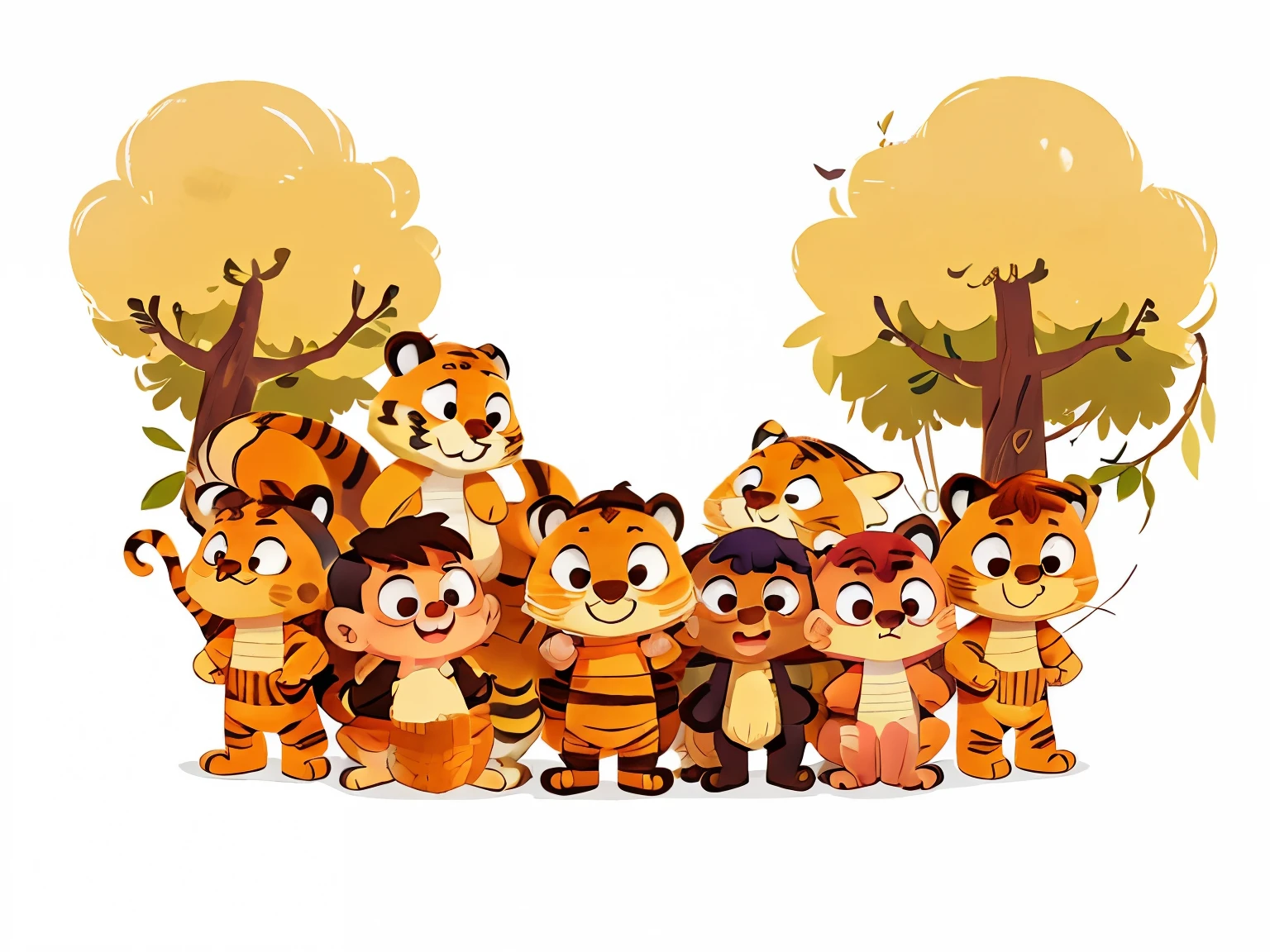 six tiger cartoon characters animals only , they are standing right next to each other. white background six, tiger cartoon characters