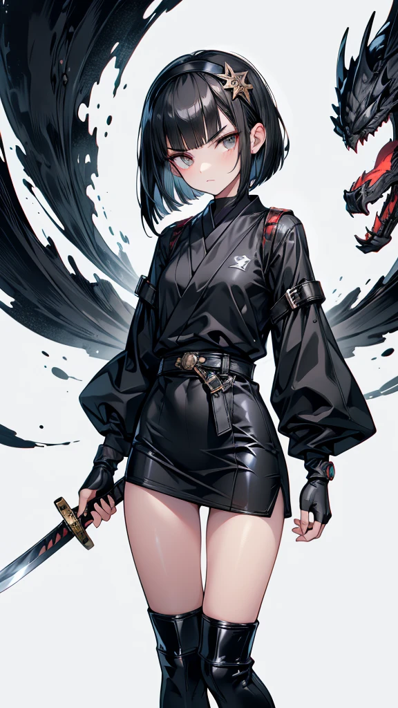 mature Bobcut Black Hair expensive Narrow eyes Glaring at me Glare frivolous attitude Black Sailor Suit Armor Wear a headband around your forehead tiny hand Hand guard gloves Black boots Holding a Japanese sword battlefield