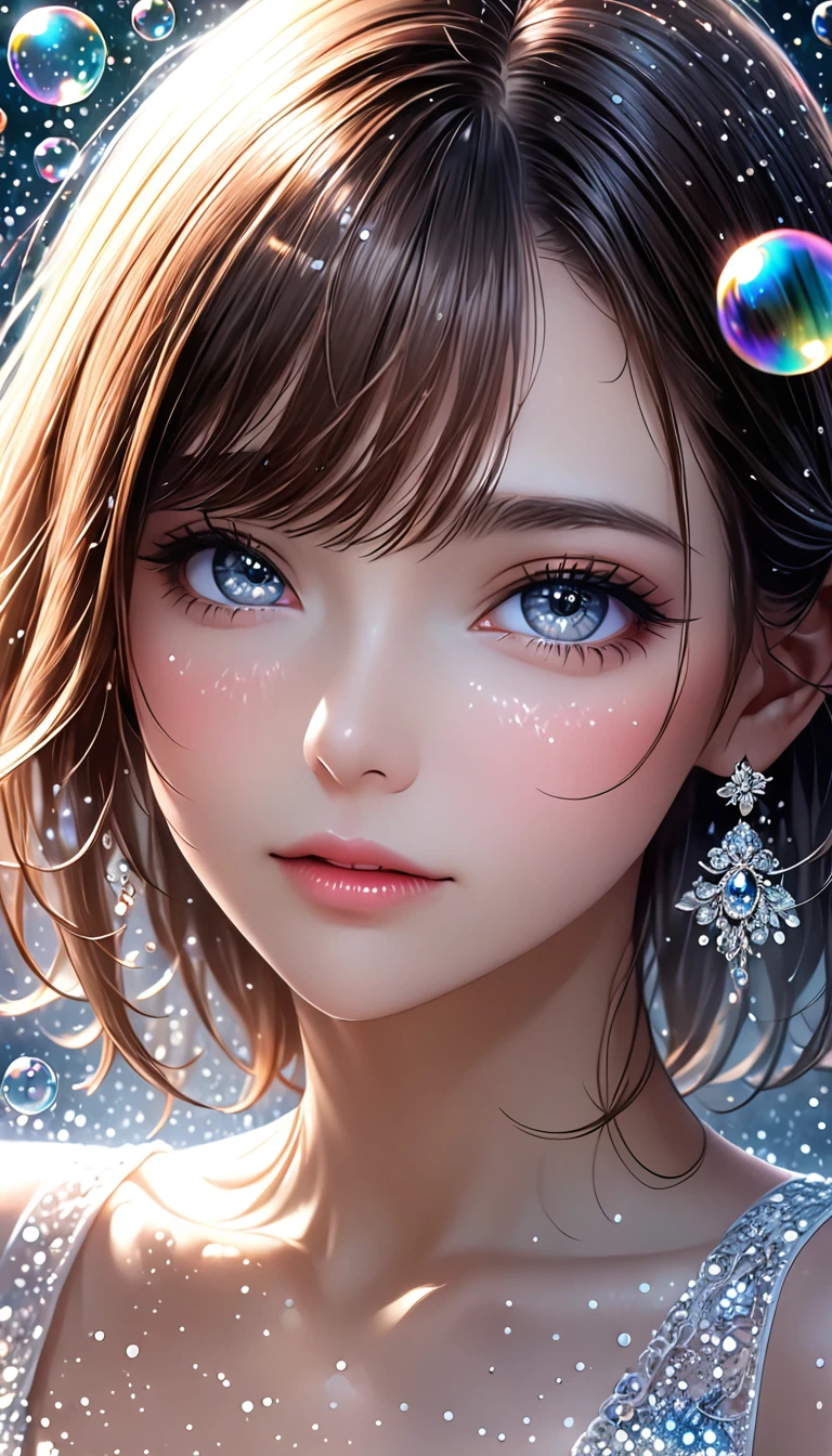 beautiful woman, portrait, shading effects, gradation magic effects, glitter effects, soap bubbles effects, foggy filter effect, (ultra detailed, absolutely resolution, best quality:1.3), 2.5D, delicate and dynamic, artistic photography, hyper realistic, graphic CG digital art