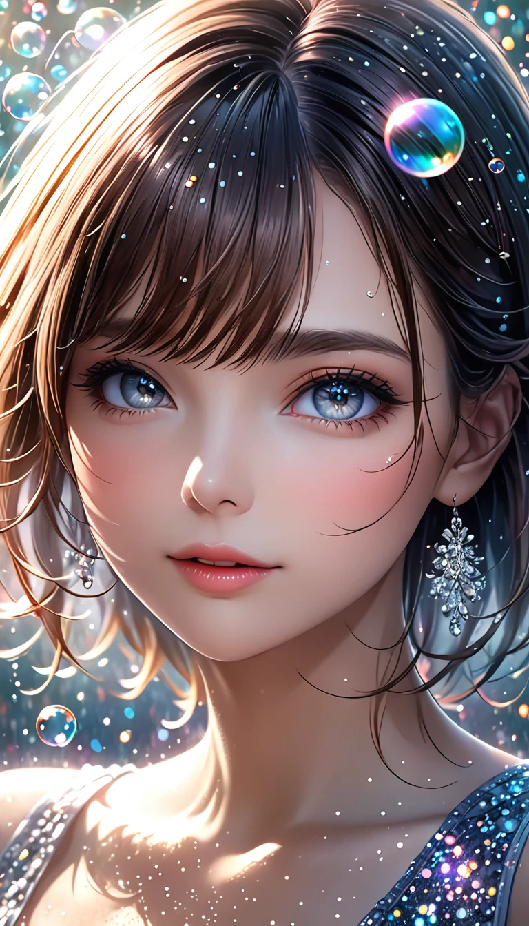 beautiful woman, portrait, shading effects, gradation magic effects, glitter effects, soap bubbles effects, foggy filter effect, (ultra detailed, absolutely resolution, best quality:1.3), 2.5D, delicate and dynamic, artistic photography, hyper realistic, graphic CG digital art