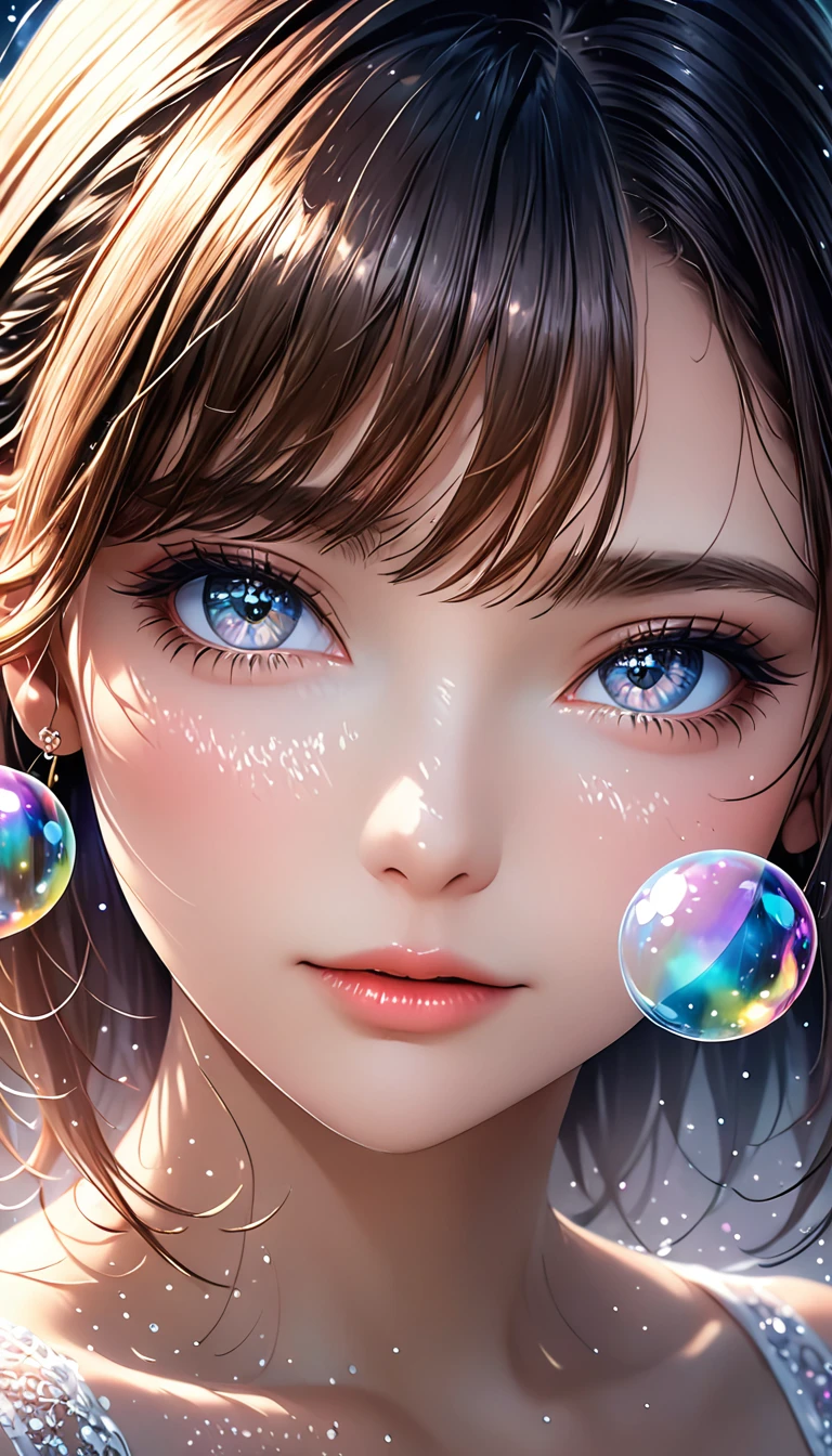 beautiful woman, portrait, shading effects, gradation magic effects, glitter effects, soap bubbles effects, foggy filter effect, (ultra detailed, absolutely resolution, best quality:1.3), 2.5D, delicate and dynamic, artistic photography, hyper realistic, graphic CG digital art