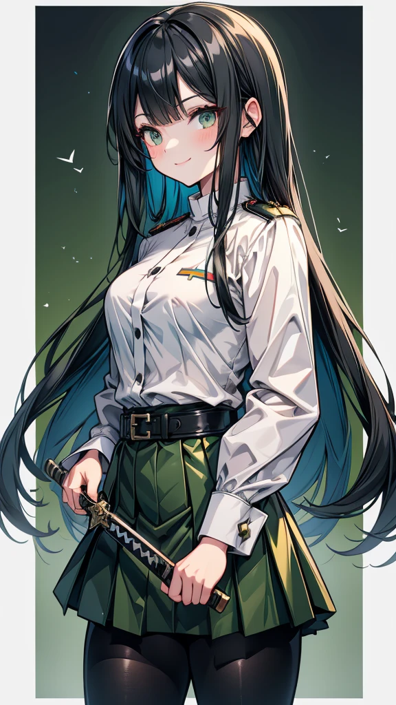 Adult female　long hair　bangs　Hime cut　Black Hair　expensive　smile　Dark green German military uniform　Tight Skirt　spats　Hold the sword at your waist　battlefield