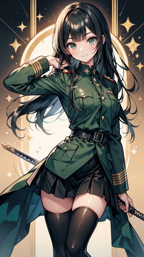 Adult female　long hair　bangs　Hime cut　Black Hair　expensive　smile　Dark green German military uniform　Tight Skirt　spats　Hold the sword at your waist　battlefield