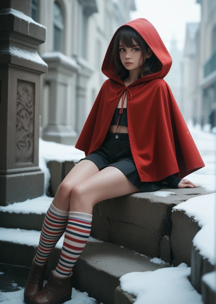 score 9, score 8 above, score 7 above, uncensored femboy, red cloak, hooded cloak, striped socks,