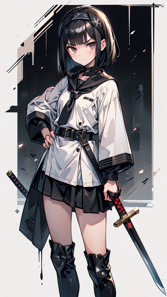 mature　Bobcut　Black Hair　expensive　Narrow eyes　Glaring at me　Glare　frivolous attitude　Black Sailor Suit　Armor　Wear a headband around your forehead　tiny hand　Hand guard　gloves　Black boots　Holding a Japanese sword　battlefield