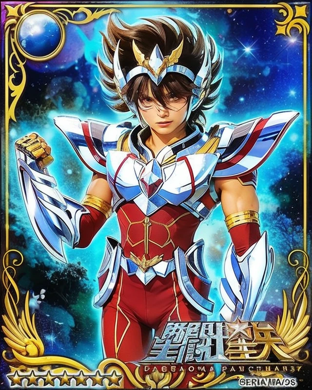 Realistic photo, A young Japanese man in glossy armor, Saint seiya, pegasus seiya, unreal engine saint seiya render,