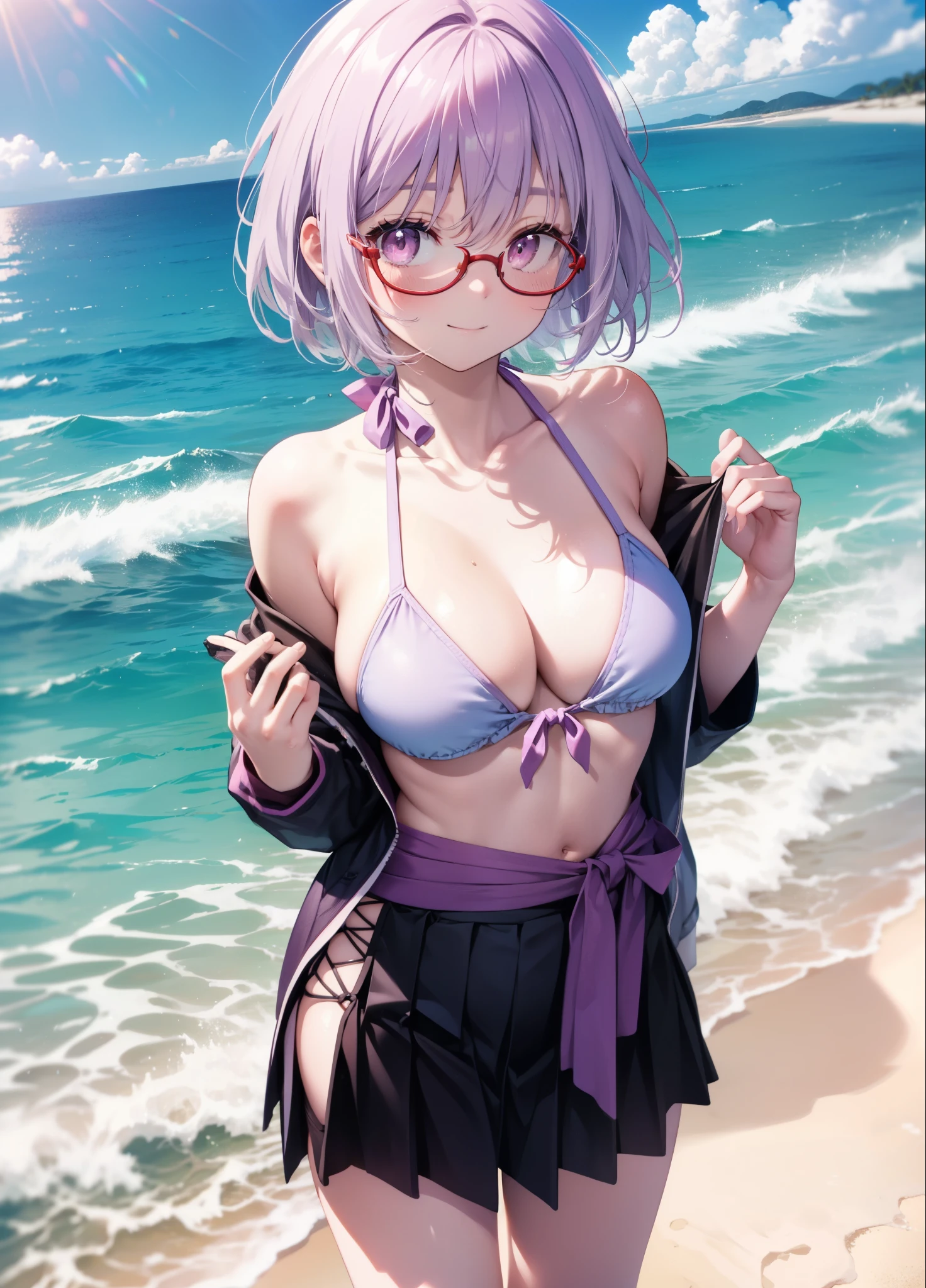 akaneshinjou, shinjou akane, Light purple hair, (Pink Eyes:1.2), smile,Red-rimmed glasses,Big Breasts, Purple string bikini swimsuit,Pareo Swimsuit,She has a thin, long skirt wrapped around her waist.,へそ出し whole bodyがイラストに入るように,Strolling on the sandy beach,
break outdoors, Beach,
break looking at viewer, whole body, (Cowboy Shot:1. 5),
break (masterpiece:1.2), Highest quality, High resolution, unity 8k wallpaper,, (shape:0.8), (Beautiful attention to detail:1.6), Highly detailed face, Perfect lighting, Highly detailed CG, (Perfect hands, Perfect Anatomy),