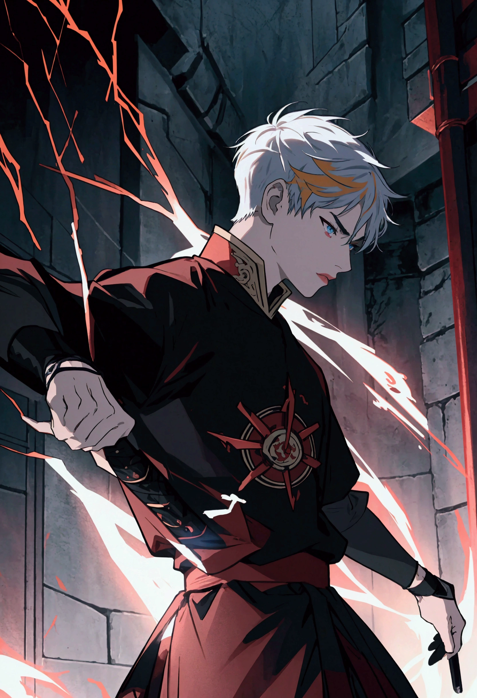 1 young man, alone, looking at his enemy,  soft lighting,  crimson electrical currents on body, 15 year old man, blue eyes, tattoo below the eyes, golden hair, short hair with samurai cut, boyish, black clothes, scene of rage and sadness, best angle, thoughtful, {beautiful detailed eyes}, {detailed light}, {illustration}, {better lighting}, conceptual art, best fight scene, monk t-shirt, black and white, rays of color crimson, lightning all over the body, melhor qualidade nos dedos
