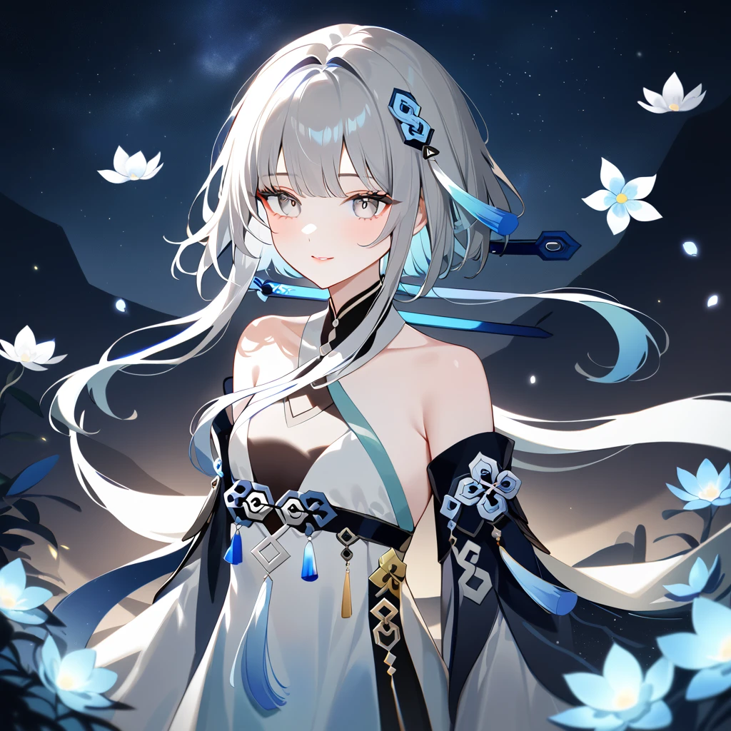 1girl, guizhong_\(genshin_impact\),(grey hair),short_hair_with_long_locks in front and low ponytail in back,gradient_hair,(pale grey eyes with seafoam gradient),starry_sky_print,detached_sleeves white outside blue starry inside, hands completely hidden by long sleeves,stunning field of softly glowing cerulean and white glaze lilies,night scene,gentle smile,face focus, eye focus,ladyshadow,glossy lips,vivid anime coloring,cel shading,smooth, soft dreamy focus,anklet,halter_top,white clothes,highly detailed,digital painting,bare_shoulders,barefoot,cool night tones, magical night scene,professional,anemo colored fireflies,nebula of stardust and silvery vapor,harmonious blend of nature and art,transcendent beauty,awe-inspiring artwork,(best quality,4k,8k,highres,masterpiece:1.2),yunamaro,carnelian,dsmile,cosmic stardust