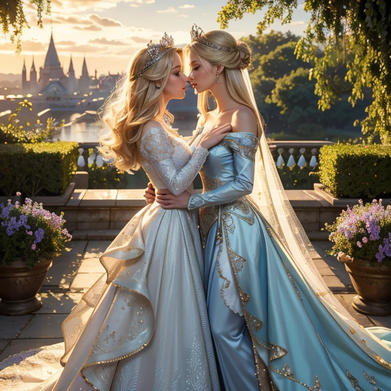 (masterpiece, best quality:1.5), highest quality, High resolution, super detailed, realisti, Full body photo of the blonde princess, detailed and beautiful eyes, beautiful detailed lips, very detailed eyes and face, longeyelashes, Princess in silver royal dress, Beautiful and colorful makeup, elegant and noble々Pose,shiny crown and jewels, Royal gardens as background, soft daylight, bright colors, fine brushstrokes, Portrait style, Exquisite details in the dress fabric, beautiful color palette, glowing skin, First-class rendering, that captures every detail, enchanting atmosphere, subtle shadows and lights, (perfect anatomy:1.2), (Two stunning princesses are deeply in love:1.4), (kiss:1.2), (magnificent panorama view:1.2)