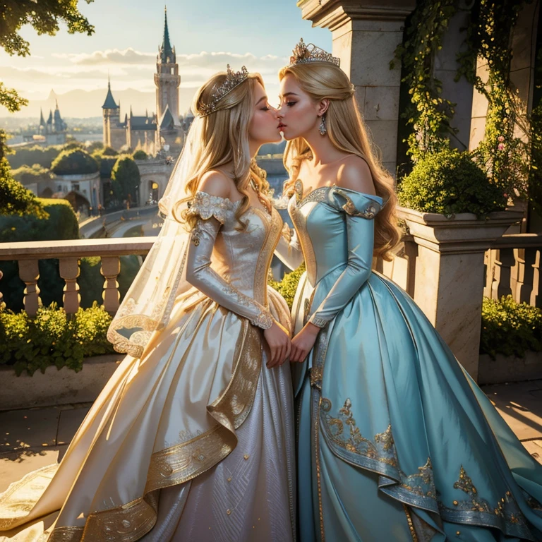 (​masterpiece, best quality:1.5), highest quality, High resolution, super detailed, realisti, Full body photo of the blonde princess, detailed and beautiful eyes, beautiful detailed lips, very detailed eyes and face, longeyelashes, Princess in silver royal dress, Beautiful and colorful makeup, elegant and noble々Pose,shiny crown and jewels, Royal gardens as background, soft daylight, bright colors, fine brushstrokes, Portrait style, Exquisite details in the dress fabric, beautiful color palette, glowing skin, First-class rendering, that captures every detail, enchanting atmosphere, subtle shadows and lights, (perfect :1.2), (Two stunning princesses are deeply in love:1.4), (kiss:1.2), (magnificent panorama view:1.2)
