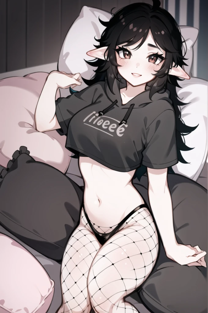 masterpiece, best quality, (1girl), solo, sleepygirl, lips, makeup, beautiful hair, smiling, blush, black hair, (fishnet pantyhose), black panties, hoodie, detailed background, crop top, pillows, laying, on back, pointy ears, facing viewer,