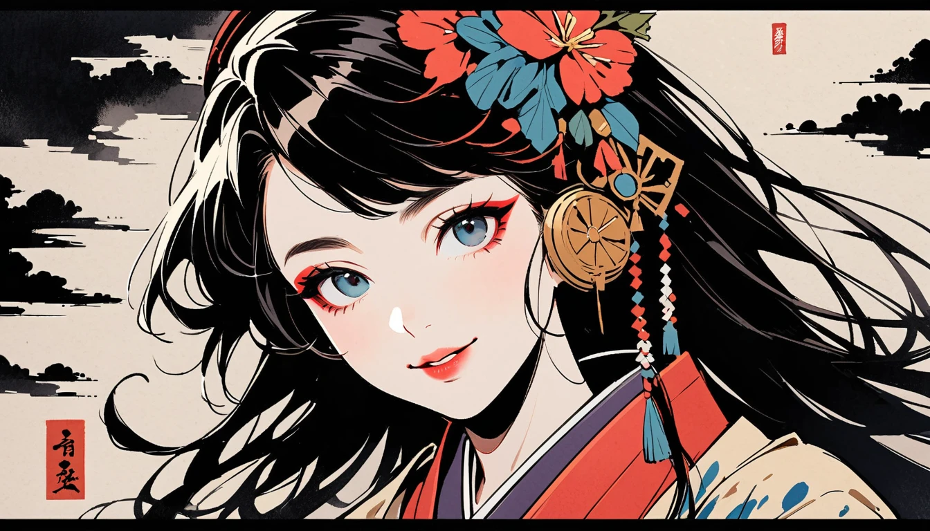 (((Ink Painting))), (((from above))), (((1 female))), (((Villain))), (((Very flashy hair accessories))), (((Very flashy makeup))), Japanese style headphones, sunglasses, face close-up, front view, Japan人の美少女, Black Hair, Delicate and precise, Modern ukiyo-e style,Japan, Droopy eyes, round face, smile, Fuller lips, vivid color