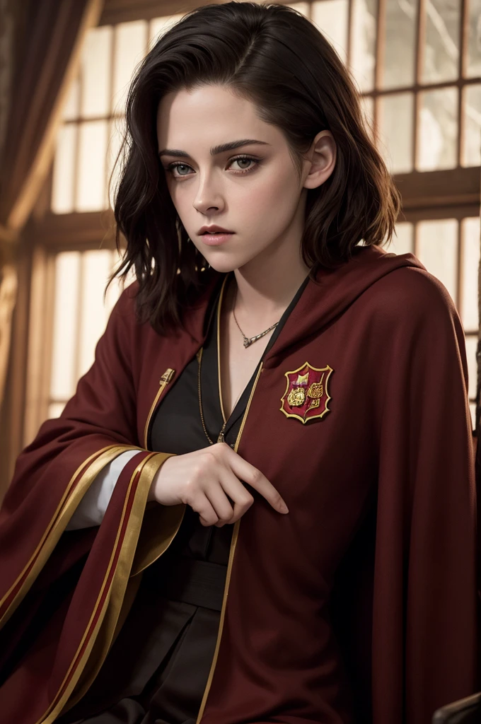 A photo of Kristen Stewart wearing Gryffindor robes 