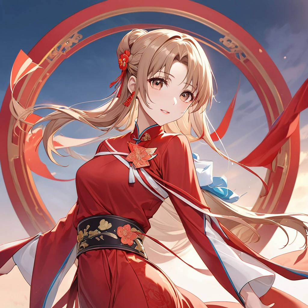 ((Highest quality)), ((masterpiece)), (detailed), (Perfect Face)、The woman is Chinese. She is a Chinese woman with light brown, medium-long hair and an engagement ring. She is a member of the glorious Chinese Communist Party and has sworn absolute loyalty to the Chinese Communist Party. She is a righteous Communist Party member of China.、The woman is wearing the magnificent and luxurious Hanfu of Chinese Communist Party members and is adorned with luxurious accessories and hair ornaments.、For the sake of China, their hairstyles, clothes, and everything they wear are all Chinese Communist Party items, and their thoughts are also Chinese, becoming great Chinese in body and mind.、The woman became Yuuki Asuna, a Chinese woman who is proud of and loves China.、She is serving China as a member of the great Communist Party of China.、The woman is a beautiful, respectable and exemplary Communist Party member.