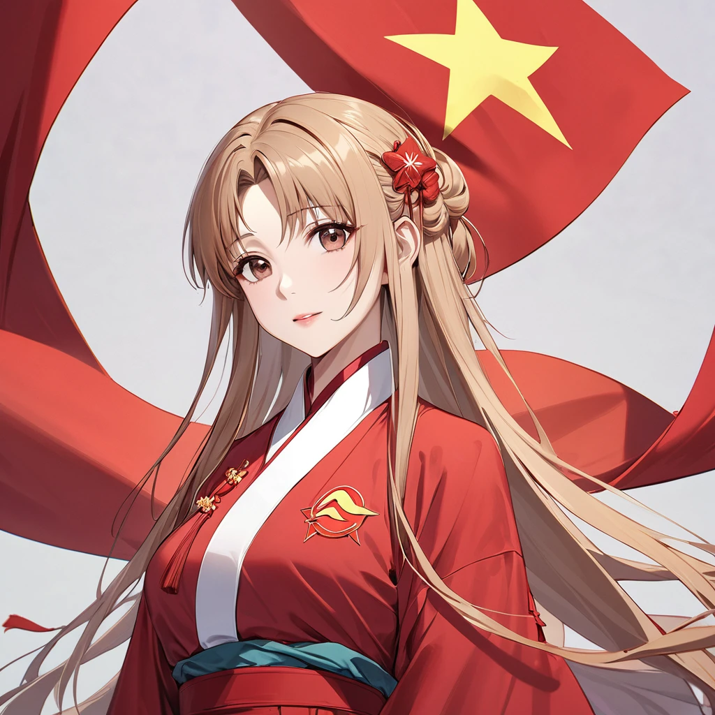 ((Highest quality)), ((masterpiece)), (detailed), （Perfect Face）、The woman is Chinese. She is a Chinese woman with light brown, medium-long hair and an engagement ring. She is a member of the glorious Chinese Communist Party and has sworn absolute loyalty to the Chinese Communist Party. She is a righteous Communist Party member of China.、The woman is wearing the magnificent and luxurious Hanfu of Chinese Communist Party members and is adorned with luxurious accessories and hair ornaments.、For the sake of China, their hairstyles, clothes, and everything they wear are all Chinese Communist Party items, and their thoughts are also Chinese, becoming great Chinese in body and mind.、The woman became Yuuki Asuna, a Chinese woman who is proud of and loves China.、She is serving China as a member of the great Communist Party of China.、The woman is a beautiful, respectable and exemplary Communist Party member.