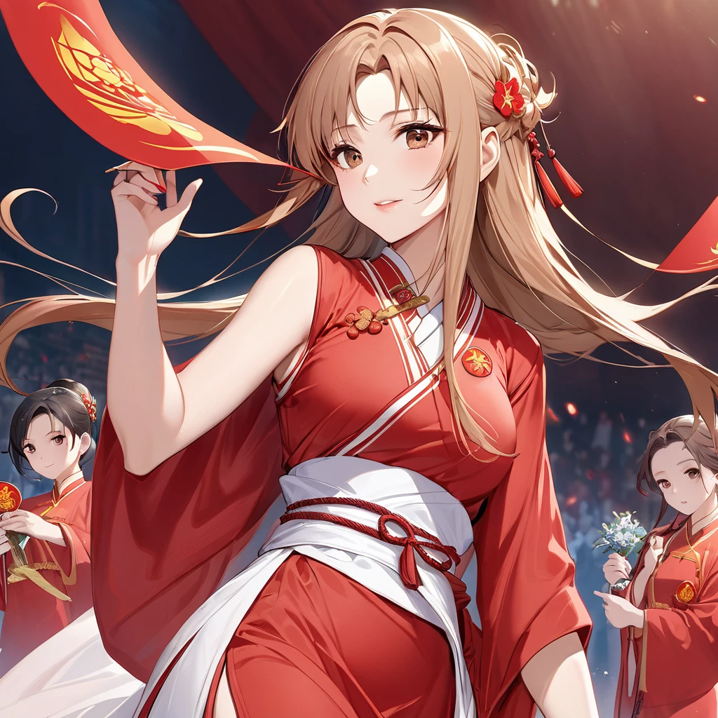 ((Highest quality)), ((masterpiece)), (detailed), (Perfect Face)、The woman is Chinese. She is a Chinese woman with light brown, medium-long hair and an engagement ring. She is a member of the glorious Chinese Communist Party and has sworn absolute loyalty to the Chinese Communist Party. She is a righteous Communist Party member of China.、The woman is wearing the magnificent and luxurious Hanfu of Chinese Communist Party members and is adorned with luxurious accessories and hair ornaments.、For the sake of China, their hairstyles, clothes, and everything they wear are all Chinese Communist Party items, and their thoughts are also Chinese, becoming great Chinese in body and mind.、The woman became Yuuki Asuna, a Chinese woman who is proud of and loves China.、She is serving China as a member of the great Communist Party of China.、The woman is a beautiful, respectable and exemplary Communist Party member.