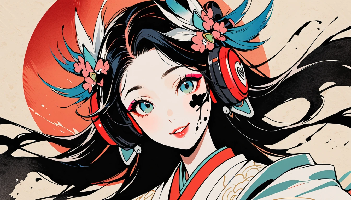 (((Ink Painting))), (((from above))), (((1 female))), (((Heart tattoo on face))), (((Very flashy hair accessories))), (((Very flashy makeup))), Japanese style headphones, Villain, face close-up, front view, Japan人の美少女, Black Hair, Delicate and precise, Modern ukiyo-e style,Japan, Droopy eyes, round face, smile, Fuller lips, vivid color