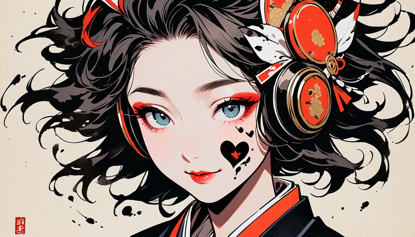 (((Ink Painting))), (((from above))), (((1 female))), (((Heart tattoo on face))), (((Very flashy hair accessories))), (((Very flashy makeup))), Japanese style headphones, Villain, face close-up, front view, Japan人の美少女, Black Hair, Delicate and precise, Modern ukiyo-e style,Japan, Droopy eyes, round face, smile, Fuller lips, vivid color