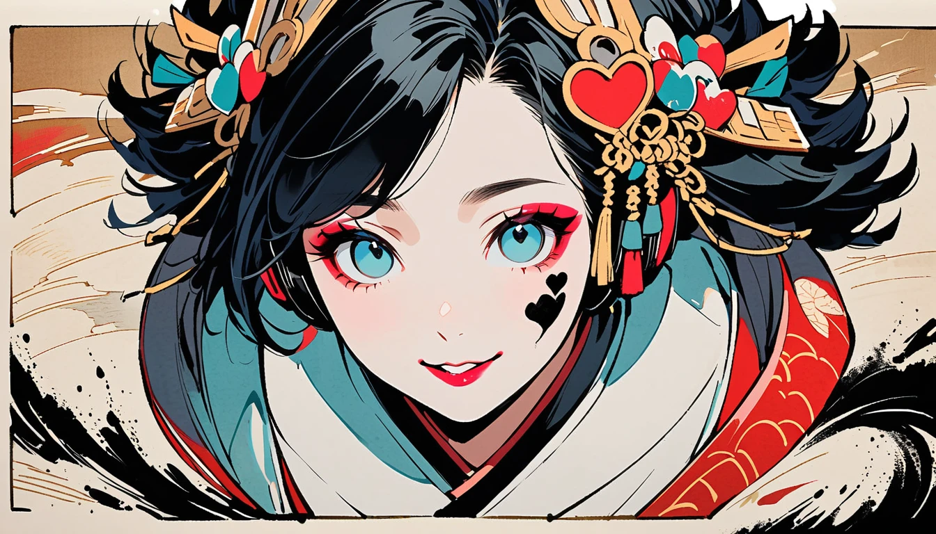 (((Ink Painting))), (((from above))), (((1 female))), (((Heart tattoo on face))), (((Very flashy hair accessories))), (((Very flashy makeup))), Japanese style headphones, Villain, face close-up, front view, Japan人の美少女, Black Hair, Delicate and precise, Modern ukiyo-e style,Japan, Droopy eyes, round face, smile, Fuller lips, vivid color