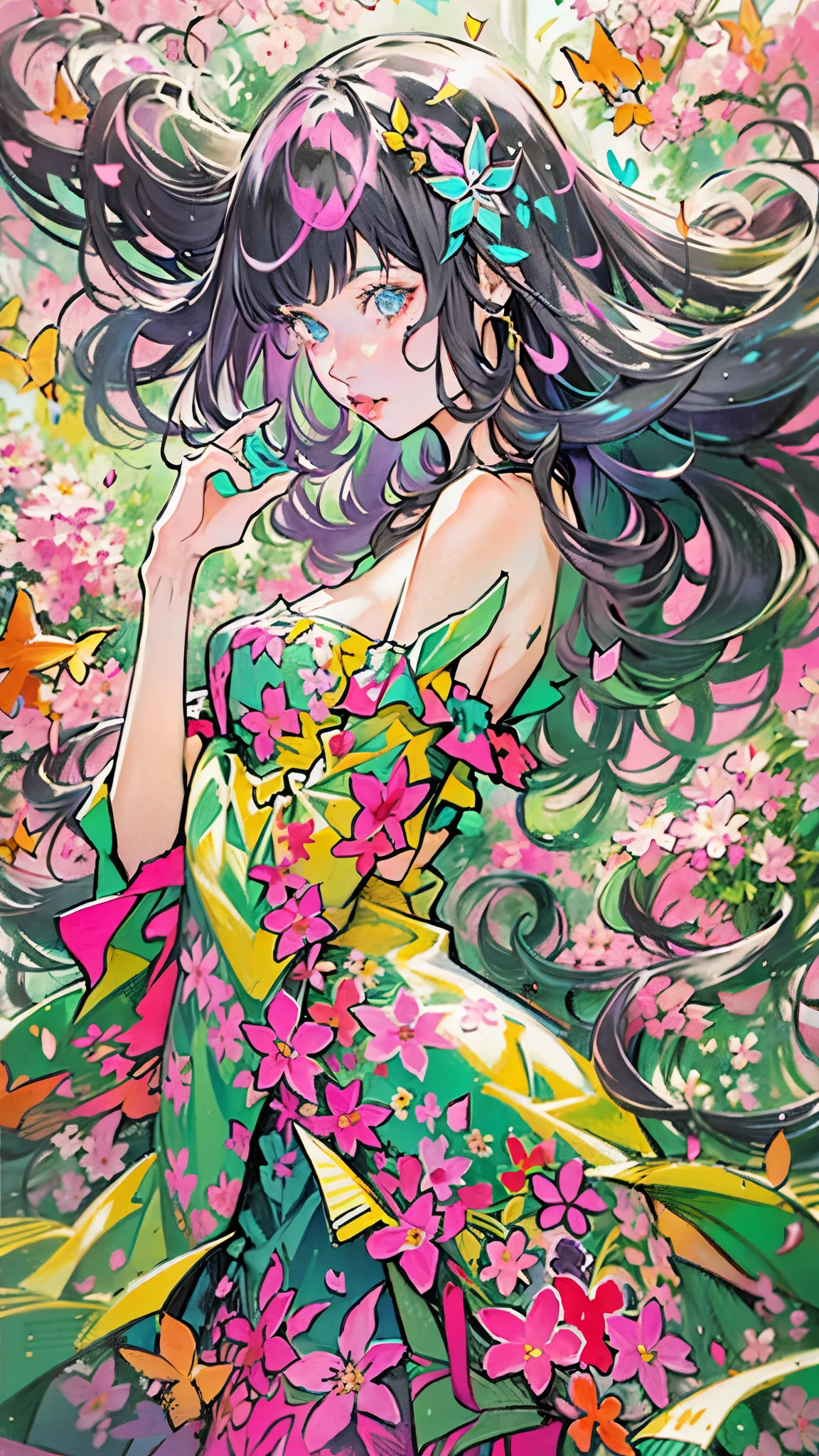 魅惑的なpsychedelicアート、Upper Body、Moderate bust、Functional、high resolution、Masterpiece、psychedelic、Petals fluttering、Light passing through the dress、Provocative、colorful、Shine、solo、woman、Fluttering Hair。