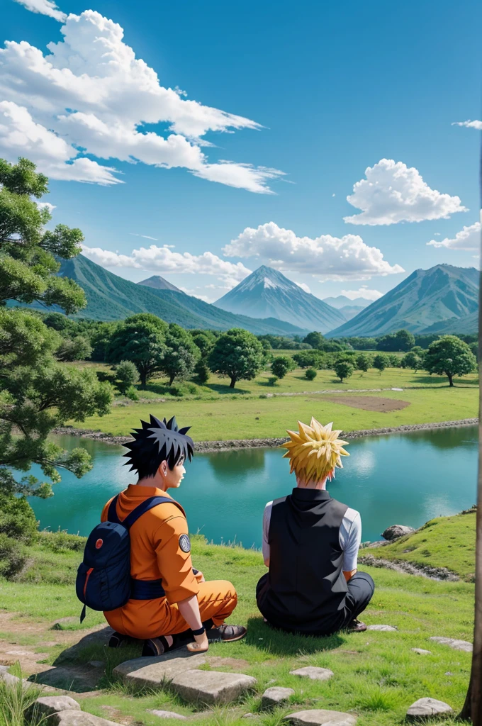 Naruto and goku sit in the big field and beside river and in background mountain and some trees and Blue sky in anime style