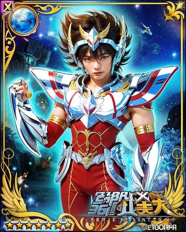 Realistic photo, A young Japanese man in glossy armor, Saint seiya, pegasus seiya, unreal engine saint seiya render,