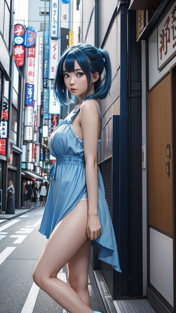 A beautiful girl walks through Tokyo with blue hair and blue eyes she wears a dress that is so short that you can see her panties 