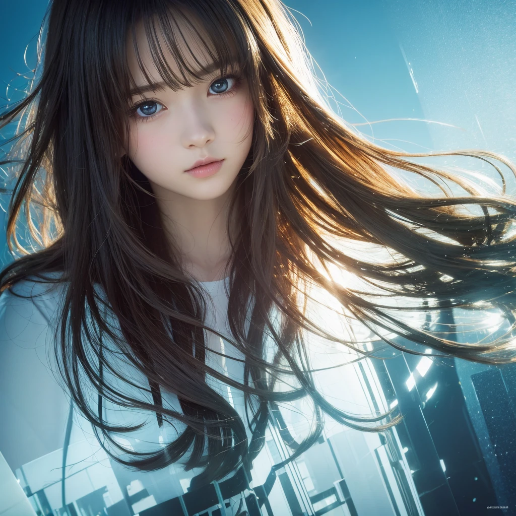 (anime),(cute)(masterpiece), (Highest quality),One girl,Upper Body,(Double exposure:1.2),(Simple Background:1), (Movie angle),(Dynamic Angle),Disheveled long hair,(Low contrast),(Flat Color:0.7)