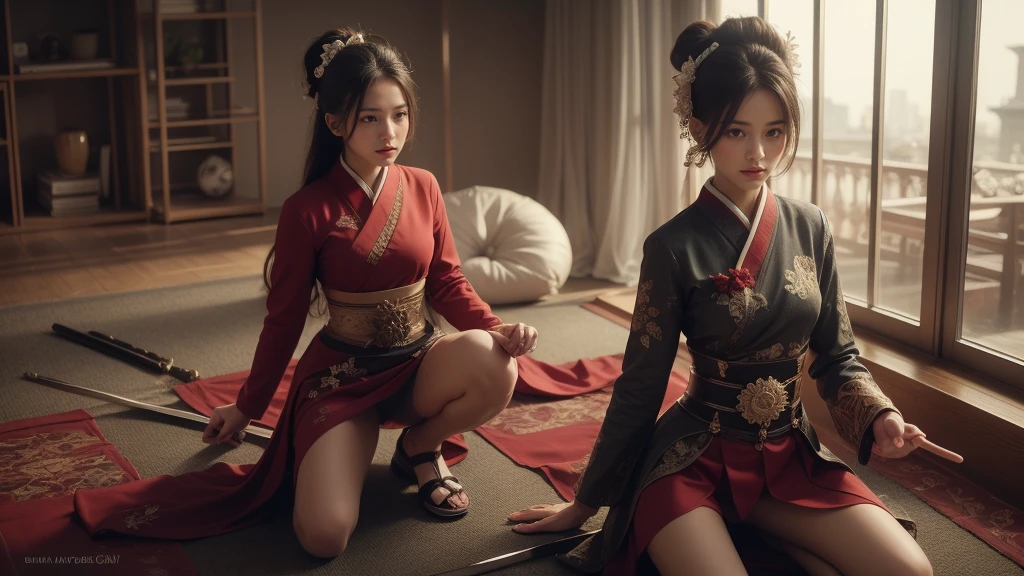 ORIENTAL WARRIOR- GEISHA- SAMURAI SWORD- SEXY- BLACK PANTIES- DETAILED PHOTO- BRAVE FACE- BEAUTIFUL BODY- SHINY TEMPLE- SQUATTING